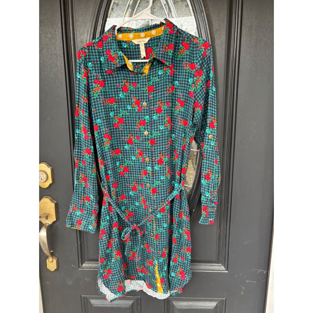 Matilda Jane Women Teal Gingham Floral Button Down Shirt‎ Dress XS Tie Waist